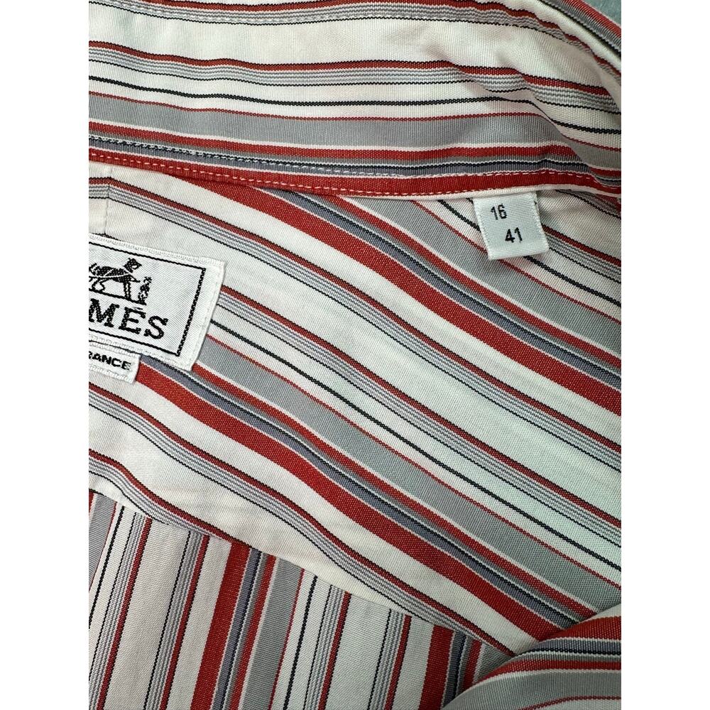 Vintage Hermès Red & Gray Striped Cotton Designer Dress Shirt Size 16/41 (L) - Picture 7 of 11